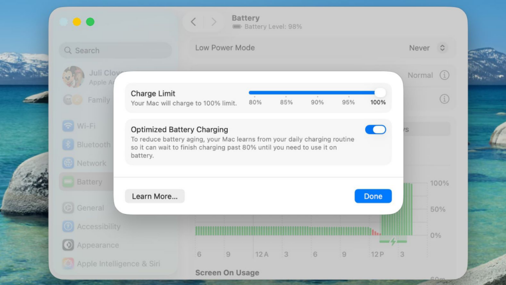 Mac şarj sınırı özelliği