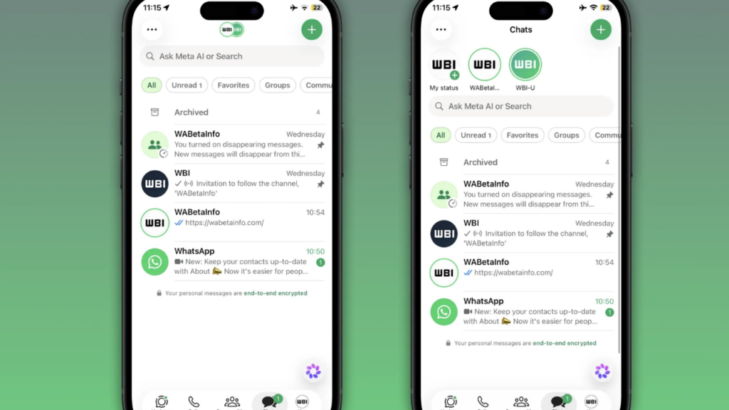 WhatsApp durum güncellemeleri arayüzü