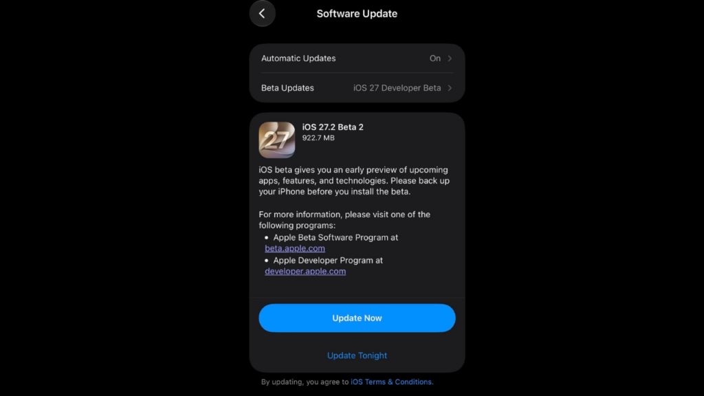 iOS 27.2 beta sürümü