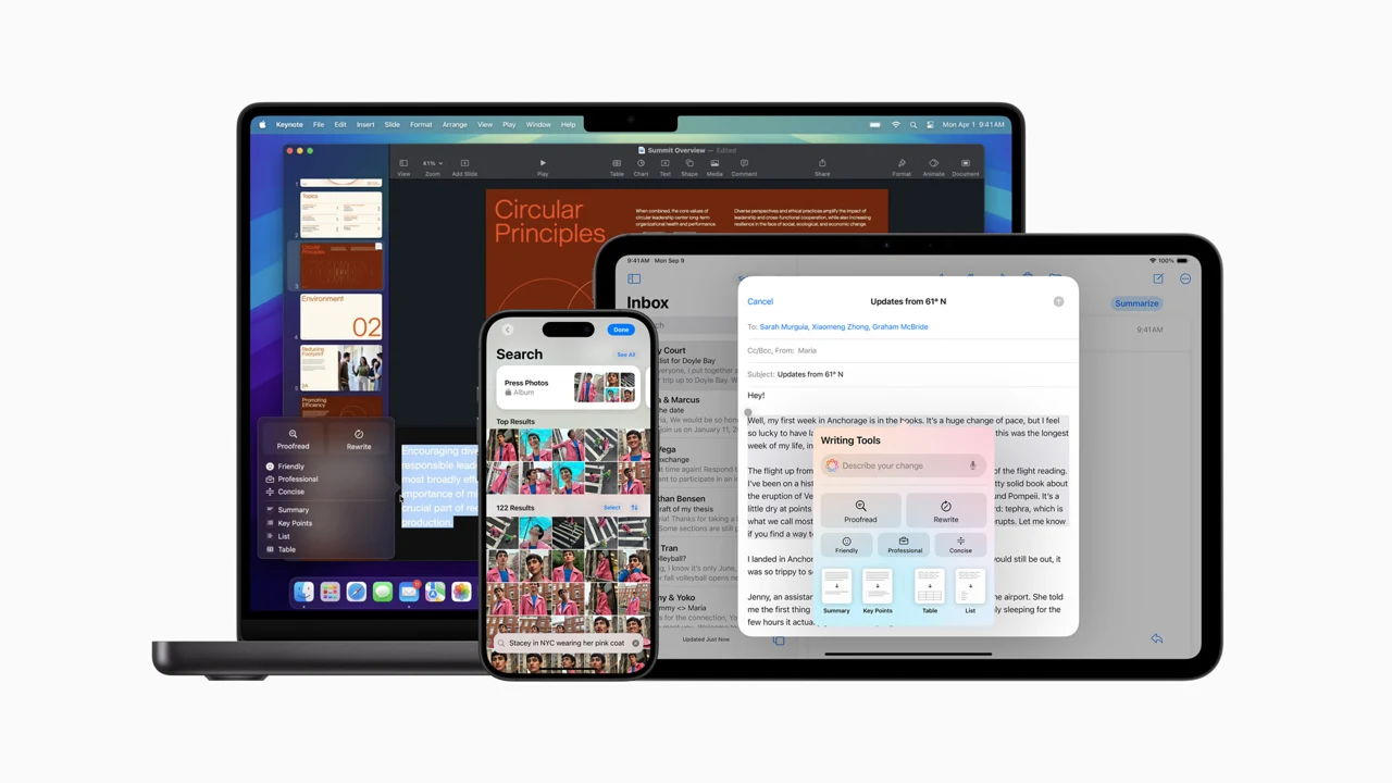 MacBook, iPad ve iPhone ekranlarında Apple Intelligence yazma araçları ve fotoğraf arama özellikleri