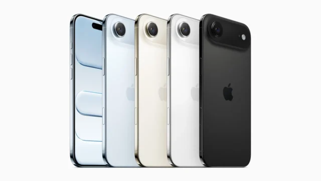 Mavi, altın, beyaz ve siyah renk seçenekleriyle iPhone Air'in ön ve arka yüzü