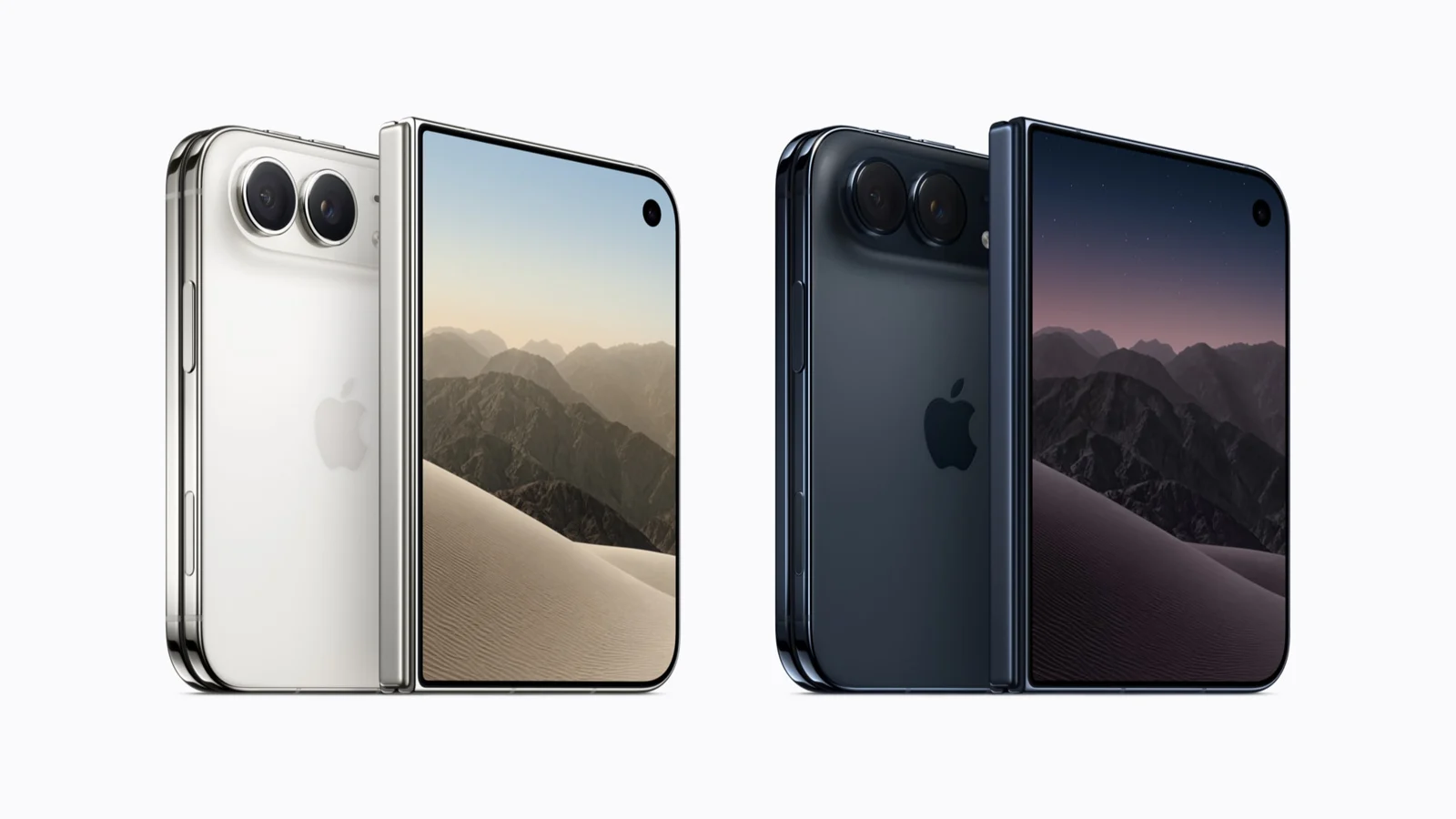 Gümüş ve koyu lacivert renkleriyle önden ve arkadan görünen iki iPhone Duo