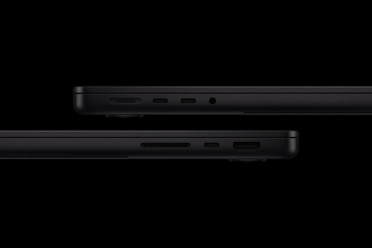 M6 çipli 14 inç MacBook Pro’nun iki yanındaki HDMI, Thunderbolt, MagSafe ve SDXC bağlantı noktaları