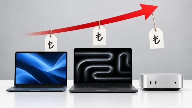 MacBook Air, MacBook Pro ve Mac mini'nin üzerinde yükselen kırmızı ok ve lira simgeli fiyat etiketleri