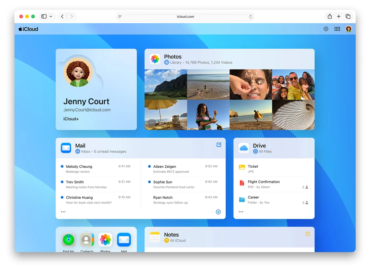Web tarayıcısında iCloud.com ana sayfasında Mail, Fotoğraflar ve Drive bölümleri