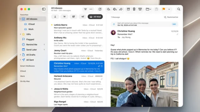 se-one-cikan Mac'te iCloud Mail gelen kutusu ve açık bir e-posta